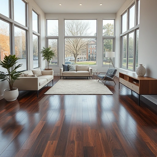 Spacious room in Ann Arbor with dark hardwood flooring, large windows, minimalistic decor, and a cozy area rug.