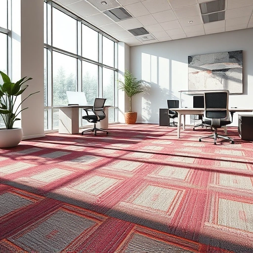 Completed carpet flooring installation in a modern office with natural light, sleek furniture, and vibrant textures.