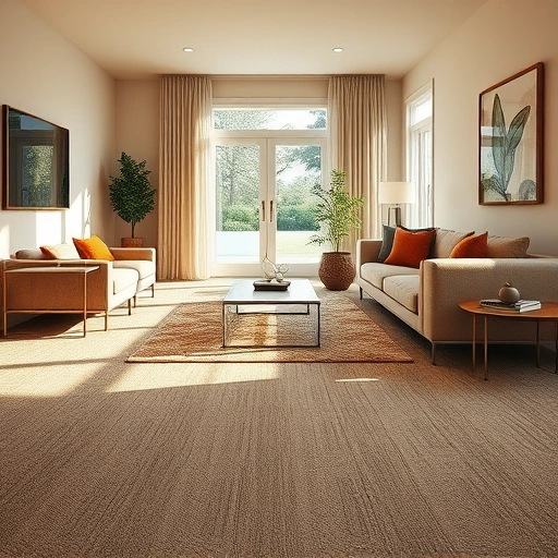 Carpet flooring installation in a modern Whitmore Lake living room with warm lighting and stylish decor.