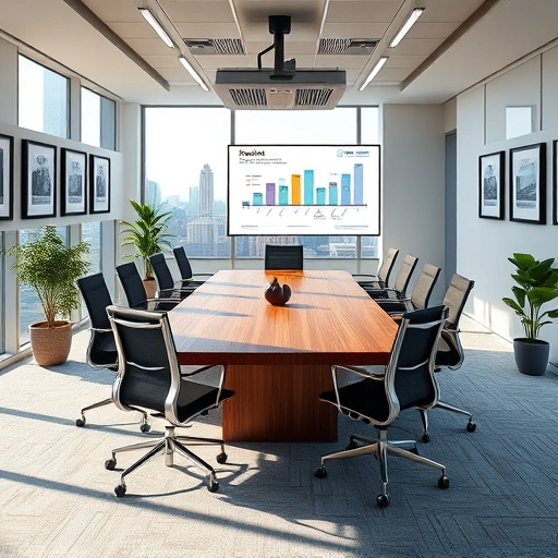 Modern Project Management office in Ann Arbor with conference table, projector, plants, and city skyline view.