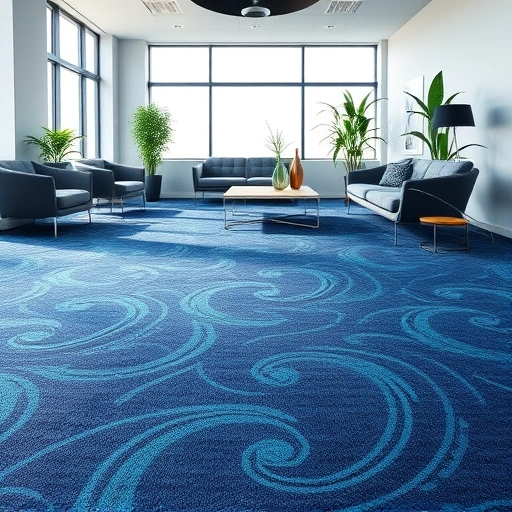 Completed carpet flooring installation in a modern Auburn Hills office, showcasing deep blue patterns and minimalist decor.