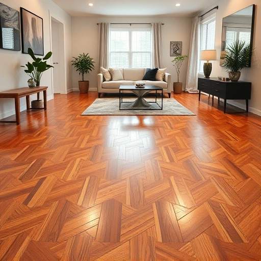 Brighton MI interior with polished herringbone hardwood floors, modern decor, and cozy area rug in inviting living room.