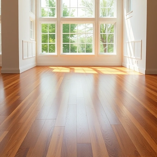 Spacious room with polished hardwood flooring, warm tones, and natural light highlighting intricate grain patterns.