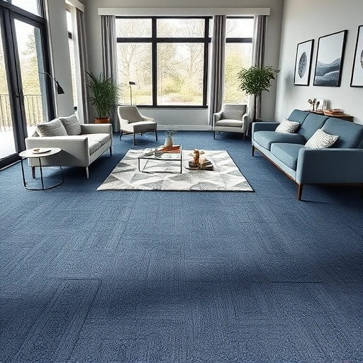 Spacious modern interior with deep navy carpet, minimalist furniture, large windows, and elegant decor accents.