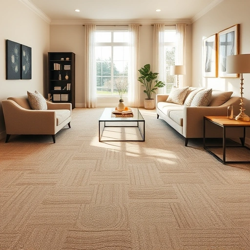 Carpet flooring installation in a stylish living room with plush beige carpet and modern decor in Superior Township MI