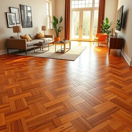 Perfectly installed hardwood flooring in Royal Oak MI with herringbone pattern and modern decor enhances elegance.