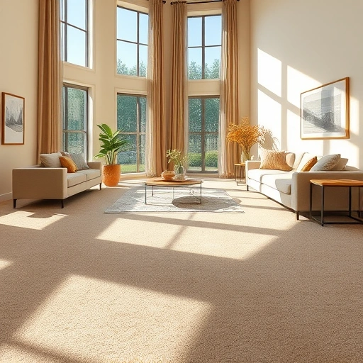 Spacious living room with warm beige carpet, sunlight filtering through windows, and elegant decor in Pittsfield Township.