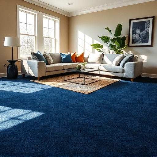 Luxurious living room in Rochester Hills with navy blue carpet, modern furniture, and elegant decor for a stylish ambiance.