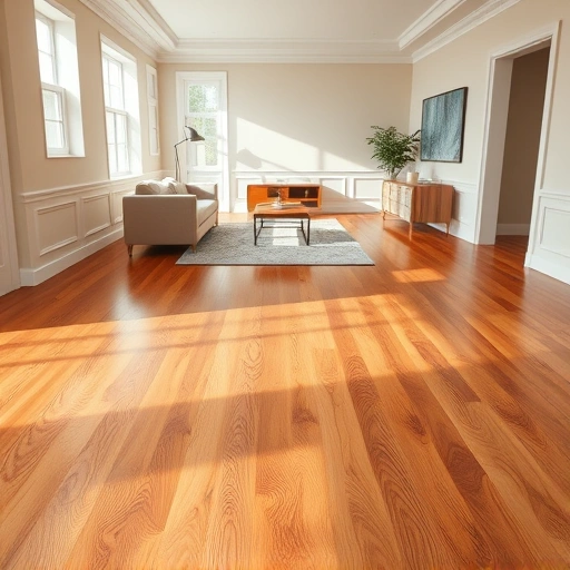Spacious Westland MI room with gleaming hardwood floors, elegant baseboards, neutral walls, and minimalistic furniture.