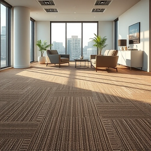 Modern office in Farmington Hills with rich textured carpet, natural light, and sleek furniture creating a warm atmosphere.