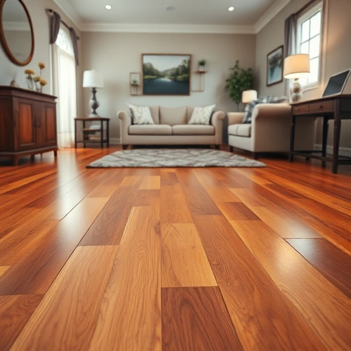 Stunning hardwood flooring installation in Plymouth MI showcasing warm tones and elegant decor in a cozy living room.