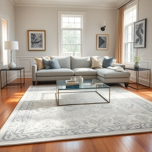 Area rug installation in a stylish Ann Arbor living room with elegant furniture and natural light highlighting decor.