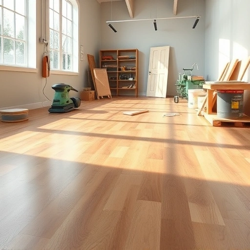 Pristine newly finished hardwood floor in a clean workshop with tools, showcasing expert craftsmanship in Ann Arbor MI.