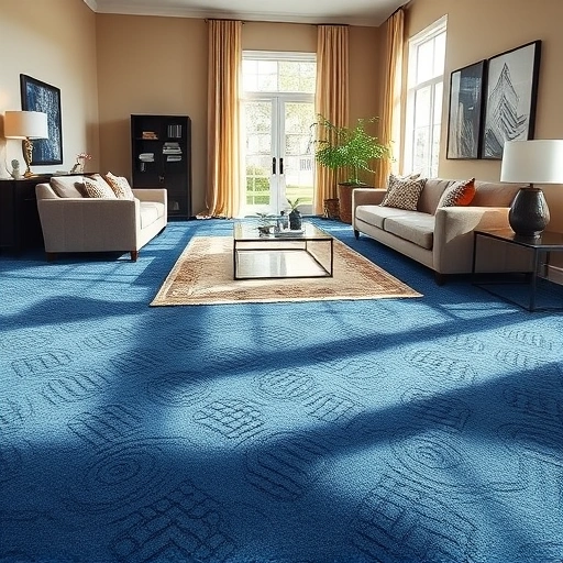 Modern living room in Troy, MI with rich blue carpet, elegant furniture, and warm beige walls creating a cozy ambiance.