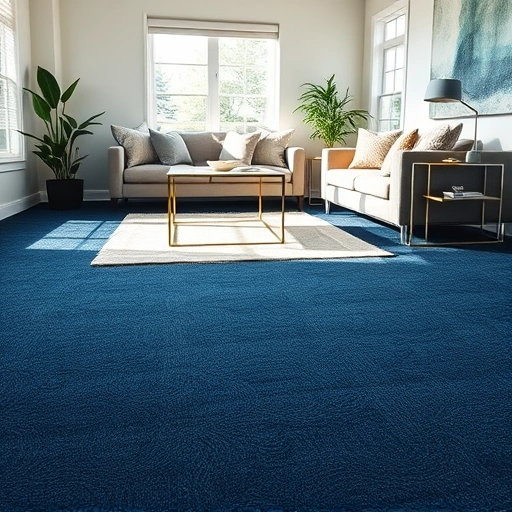 Completed carpet installation in Howell, MI featuring deep navy blue plush carpet, elegant furnishings, and natural light.