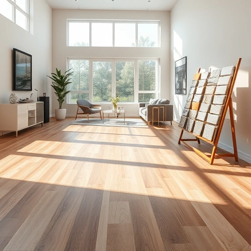 Spacious Ann Arbor flooring consultation room with natural light, showcasing hardwood, laminate, and tile samples.