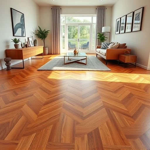 Completed hardwood flooring installation in a modern room with herringbone pattern, warm tones, and stylish decor.