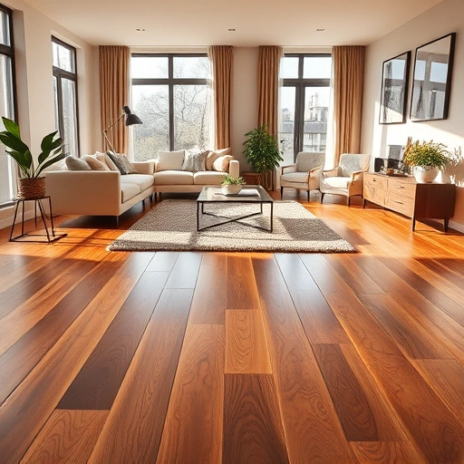 Engineered hardwood flooring in a modern Ann Arbor living room with elegant furniture and warm tones.