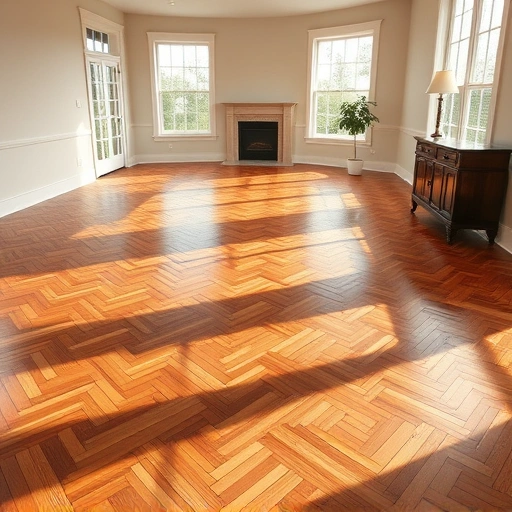 Completed hardwood flooring project in Pinckney MI featuring herringbone pattern and warm natural light reflections.