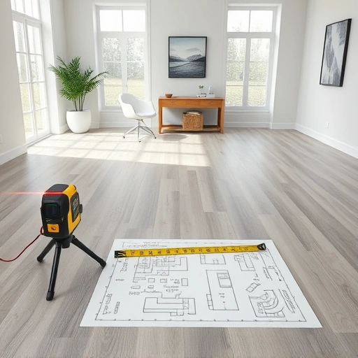 Flooring measurement in Ann Arbor, MI, with precise markings on a wooden floor and measuring tools in a modern office.