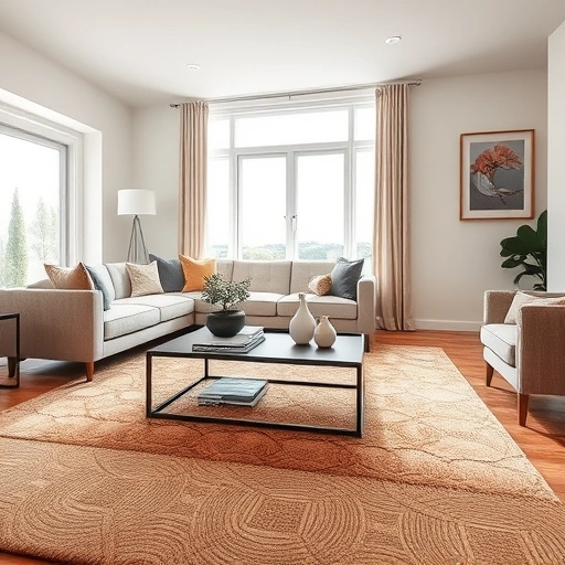 Completed carpet installation in a modern Ann Arbor living room features warm tones, elegant furniture, and natural light.