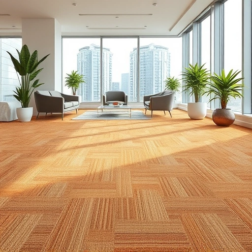 Modern office with warm textured carpet flooring in earthy tones, large windows, and minimalist furniture in Farmington MI.