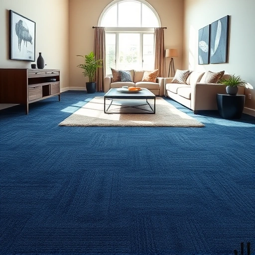 Spacious Milford living room with deep blue carpet, elegant furniture, natural light, and tasteful decor accents.