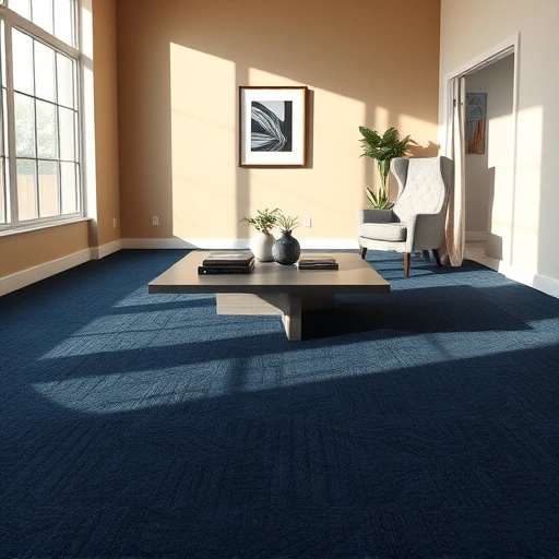 Luxurious navy blue carpet in modern Howell MI living room with stylish decor and warm neutral walls.