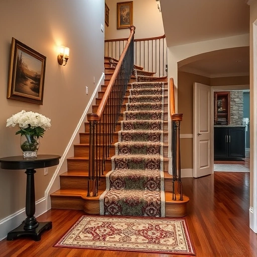 Custom stair runner in Ann Arbor MI enhances elegant staircase with intricate patterns, polished hardwood, and warm decor.