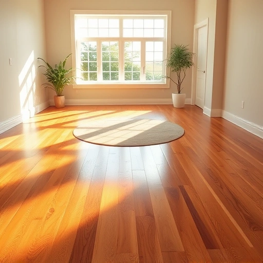 Spacious room with polished hardwood floors reflecting sunlight, neutral walls, area rug, and potted plants in Ann Arbor.