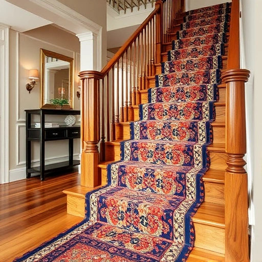 Custom stair runners in Ann Arbor MI adorn polished wooden stairs with intricate patterns and vibrant colors.