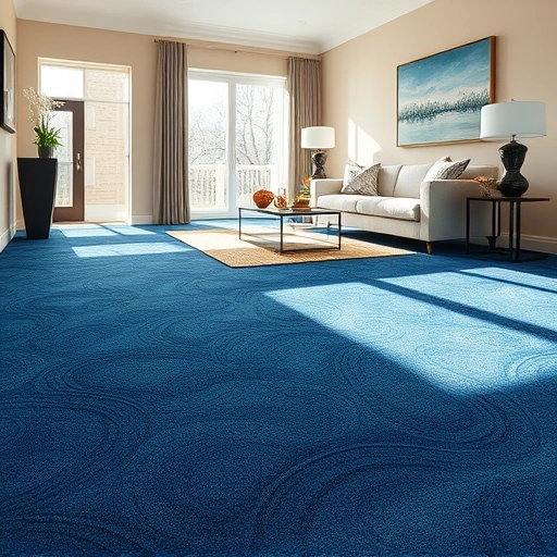 Completed carpet flooring installation in Shelby Township with deep blue hues, intricate patterns, and elegant decor.