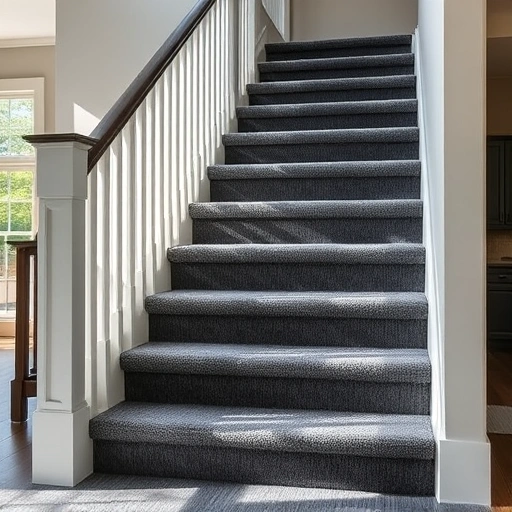 Carpet stair installation in Ann Arbor, MI features deep navy and gray textured carpet in a contemporary home.