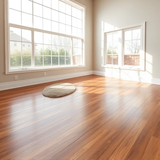 Spacious room featuring polished hardwood flooring, warm brown tones, and natural light from large windows.