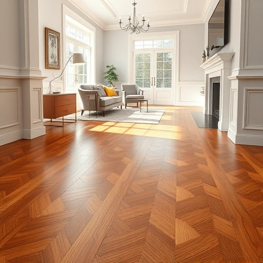 Completed hardwood flooring project in Plymouth MI with rich tones, glossy finish, and elegant baseboards in bright room.