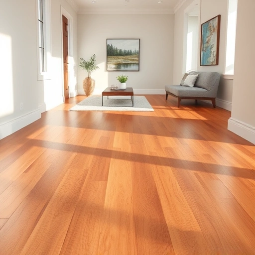 Completed hardwood flooring installation in Oakland County MI, showcasing rich colors and elegant baseboards in a stylish room