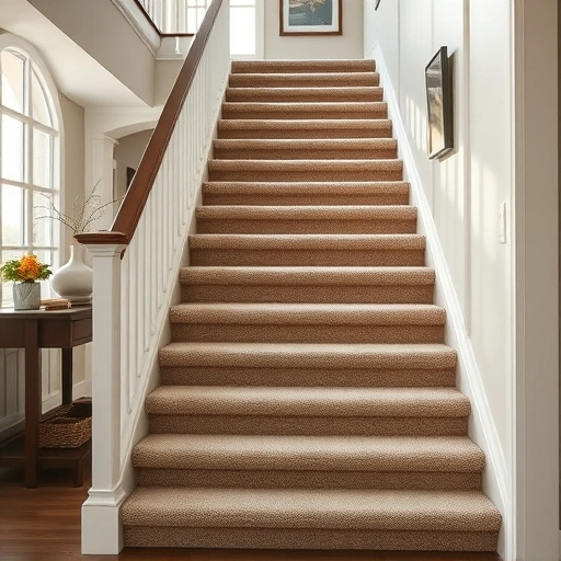 Carpeted staircase installation in Ann Arbor, MI, featuring rich textures and warm colors in a cozy entryway.