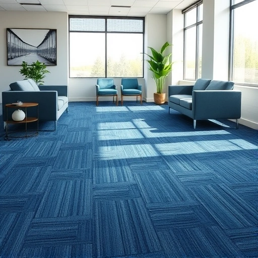 Completed carpet installation in a modern office in Pinckney, MI with deep blue hues and minimalistic decor.