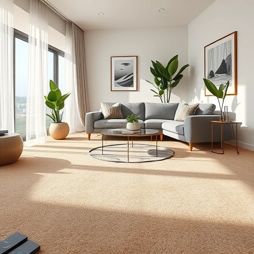 Completed carpet flooring installation in a modern Ann Arbor living room featuring beige carpet and stylish decor.