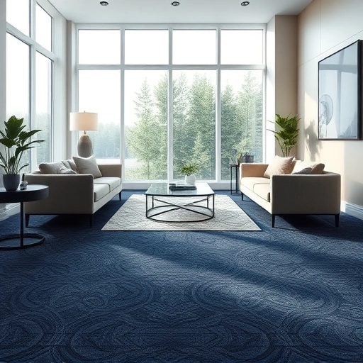 Luxurious living room in Shelby Township with deep navy carpet, elegant decor, and soft natural light.