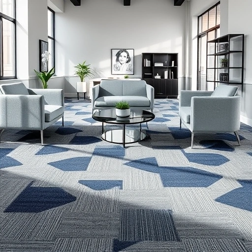 Modern office in Ann Arbor with geometric gray and navy carpet, minimalist furniture, and natural light.