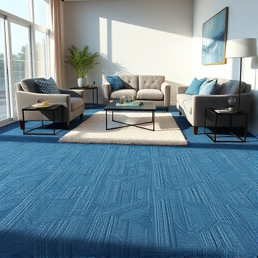 Modern living room in Whitmore Lake MI featuring plush deep blue carpet and stylish decor with natural light.