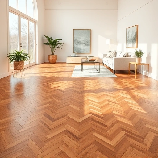 Stunning hardwood flooring installation in Hamburg Township with herringbone pattern, natural light, and minimal decor.