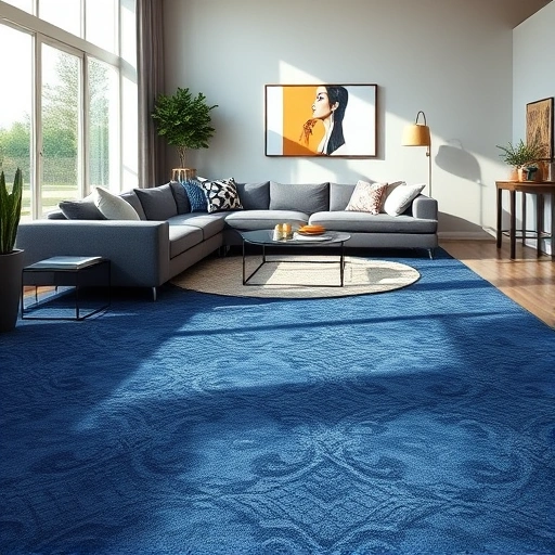 Modern living room in Northville MI with deep blue carpet, gray sectional, glass table, and elegant decor.