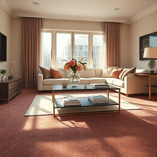Luxurious Plymouth MI living room with deep patterned carpet, sunlight, stylish decor, and neutral walls.