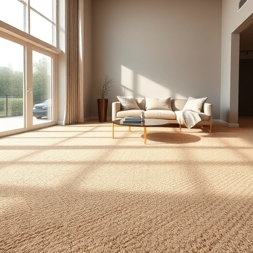 Spacious living room in Livonia MI with rich beige carpet, modern windows, and stylish decor elements.