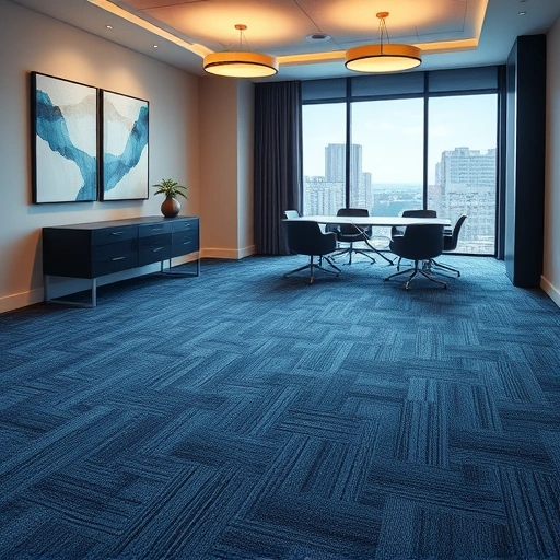 Sophisticated office with deep blue carpet, modern decor, and natural light highlighting a seamless installation.