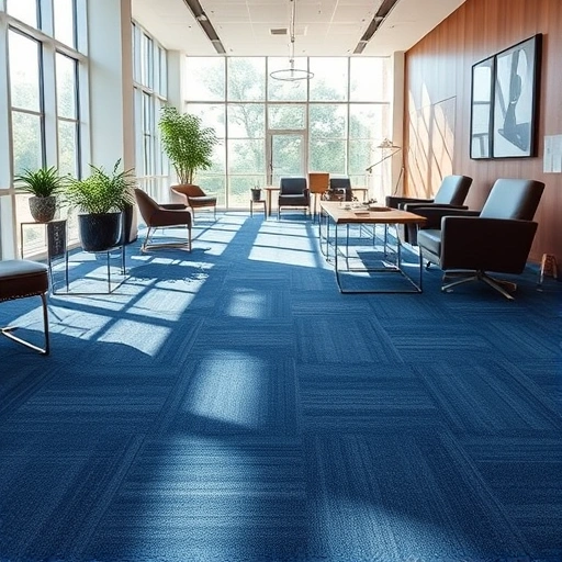 Completed carpet flooring installation in a modern Royal Oak office with deep blue plush carpet and natural light.