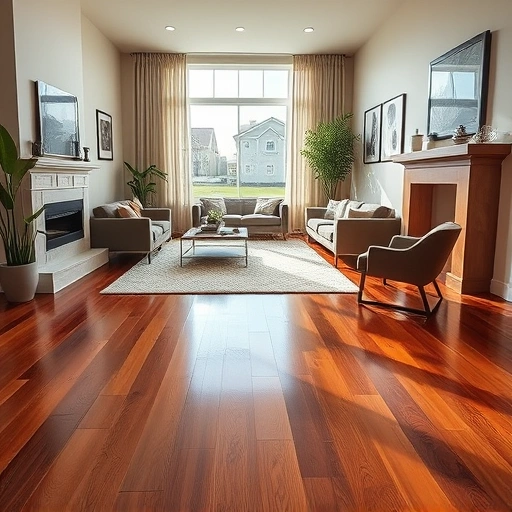 Spacious living room in Brighton MI with polished hardwood floors, modern decor, and warm natural light.