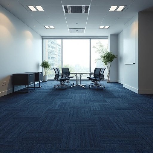 Modern office space in Royal Oak MI featuring deep navy carpet with geometric pattern against light gray walls.